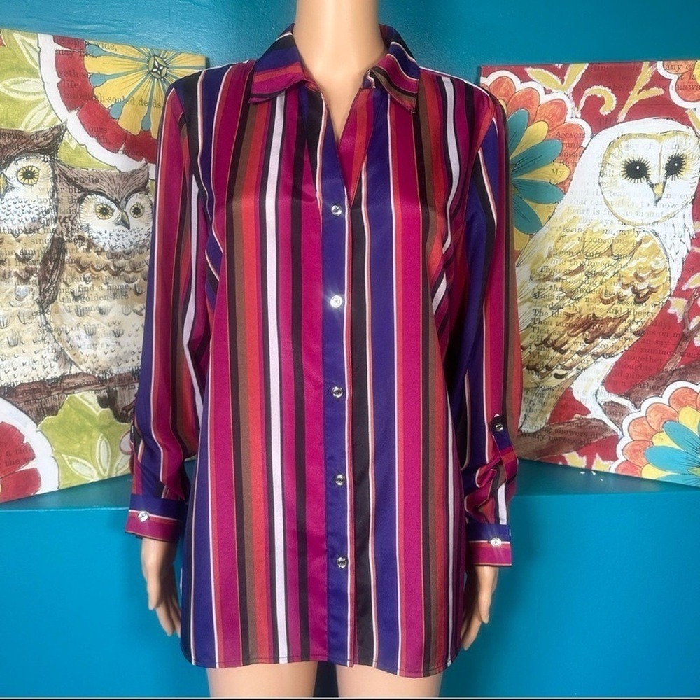Anne Klein Blouse Retro Multicolor Striped Button Down Long Sleeve Workwear - Picture 2 of 10